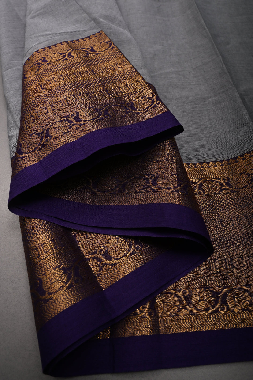 Smokey Gray Kanchi Cotton Saree with Contrast Zari Borders | SHOBITAM