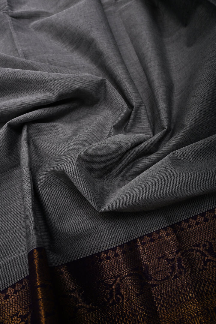 Smokey Gray Kanchi Cotton Saree with Contrast Zari Borders | SHOBITAM