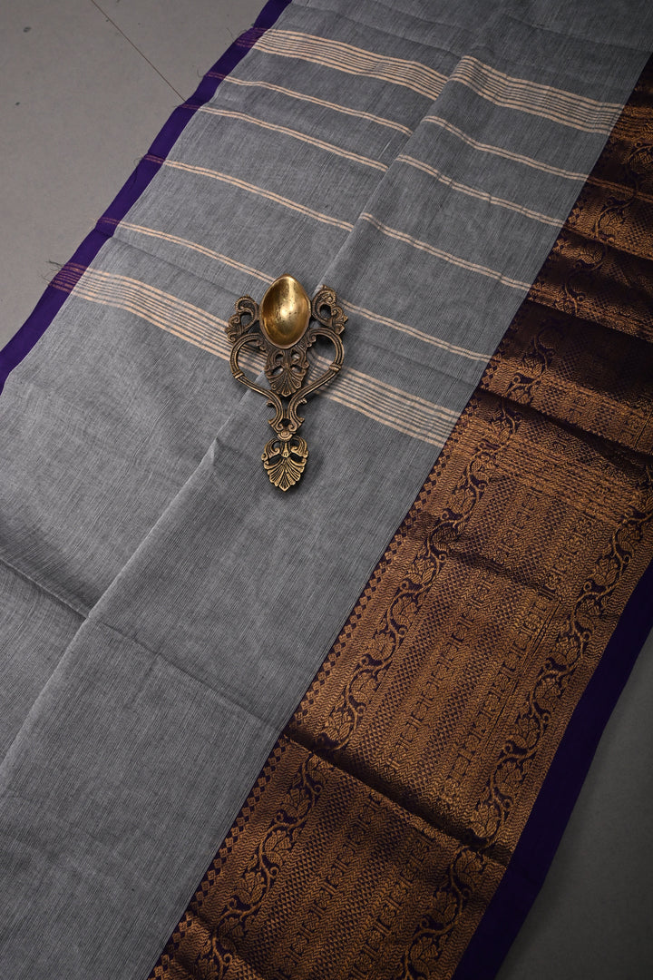 Smokey Gray Kanchi Cotton Saree with Contrast Zari Borders | SHOBITAM
