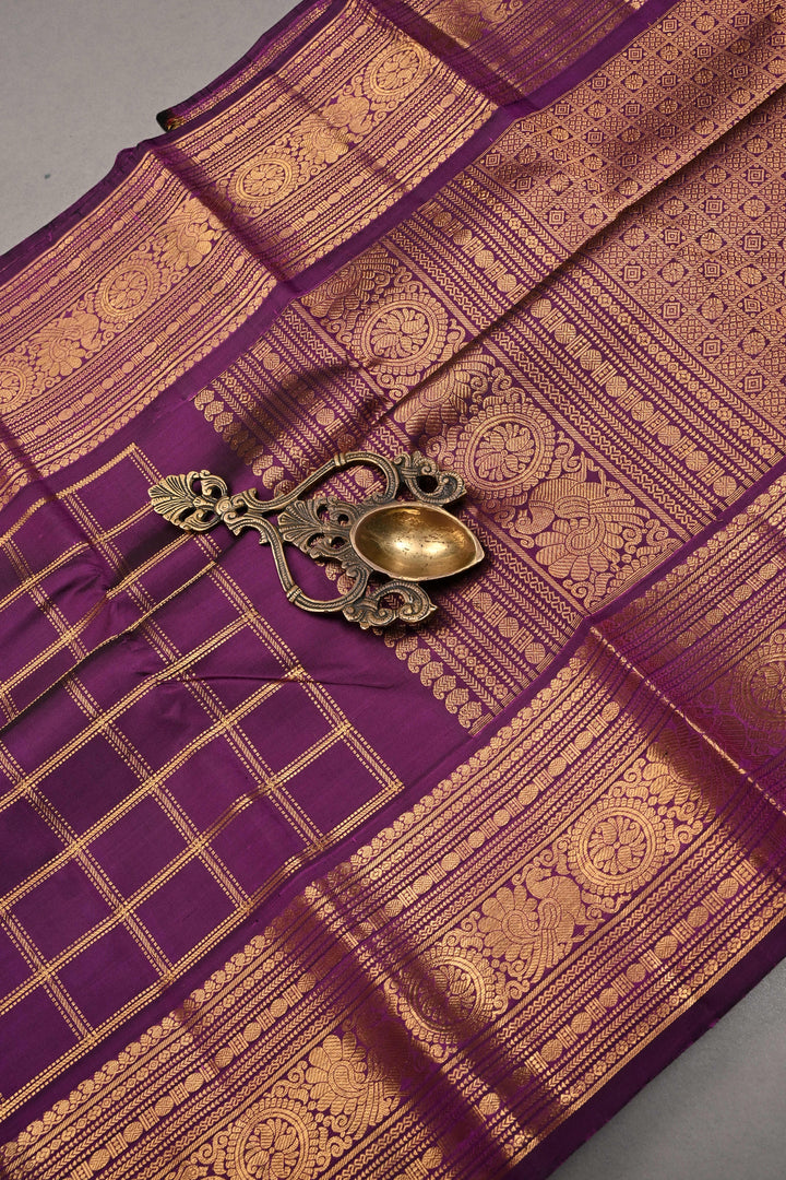 Purple Zari Checks on Gadwal Silk Saree with Zari Border | SILK MARK CERTIFIED | SHOBITAM