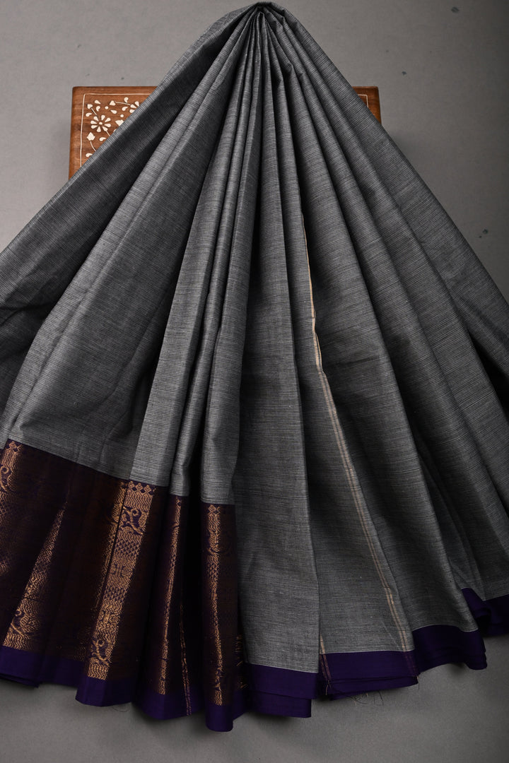 Smokey Gray Kanchi Cotton Saree with Contrast Zari Borders | SHOBITAM