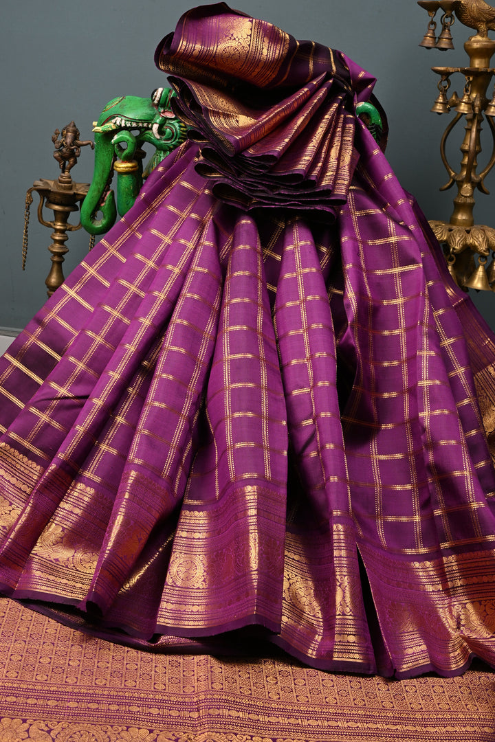 Purple Zari Checks on Gadwal Silk Saree with Zari Border | SILK MARK CERTIFIED | SHOBITAM