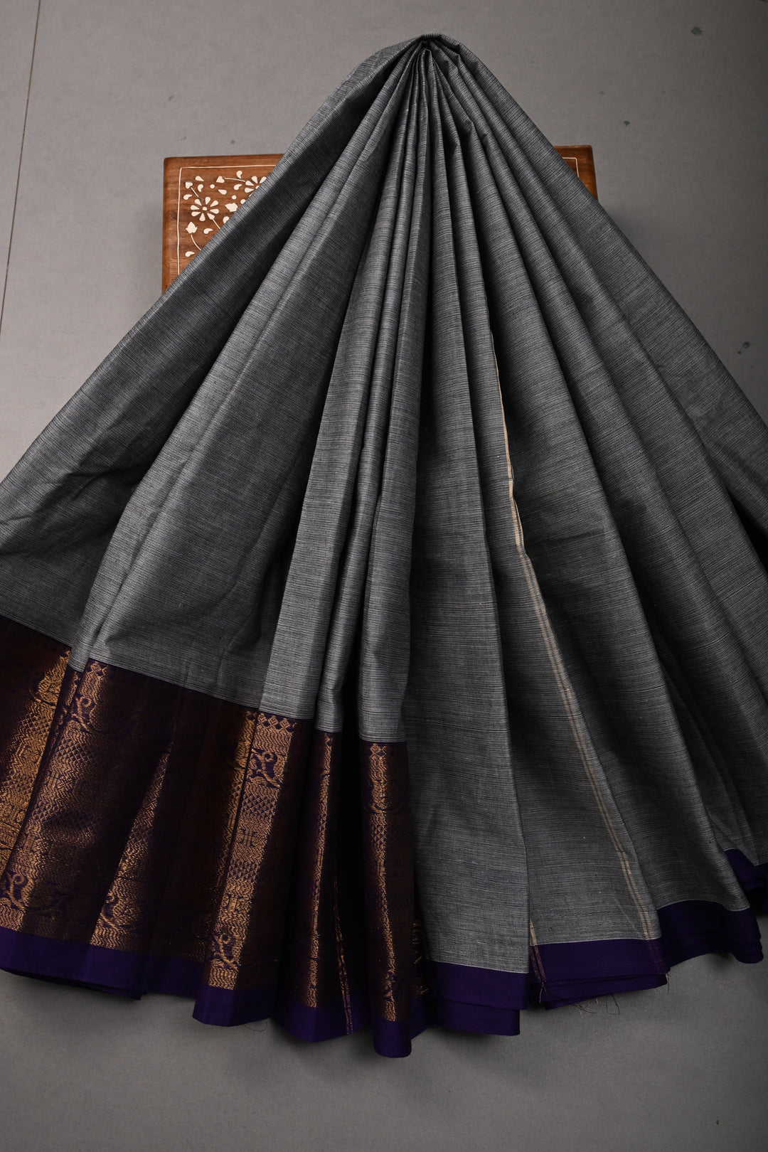 Smokey Gray Kanchi Cotton Saree with Contrast Zari Borders | SHOBITAM