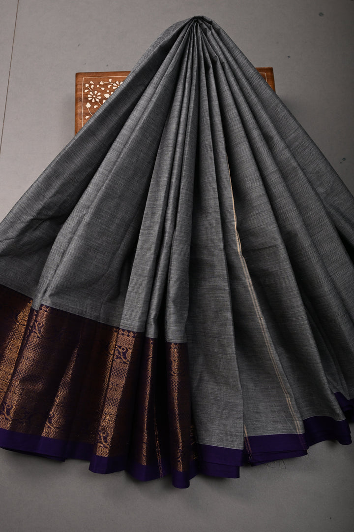Smokey Gray Kanchi Cotton Saree with Contrast Zari Borders | SHOBITAM