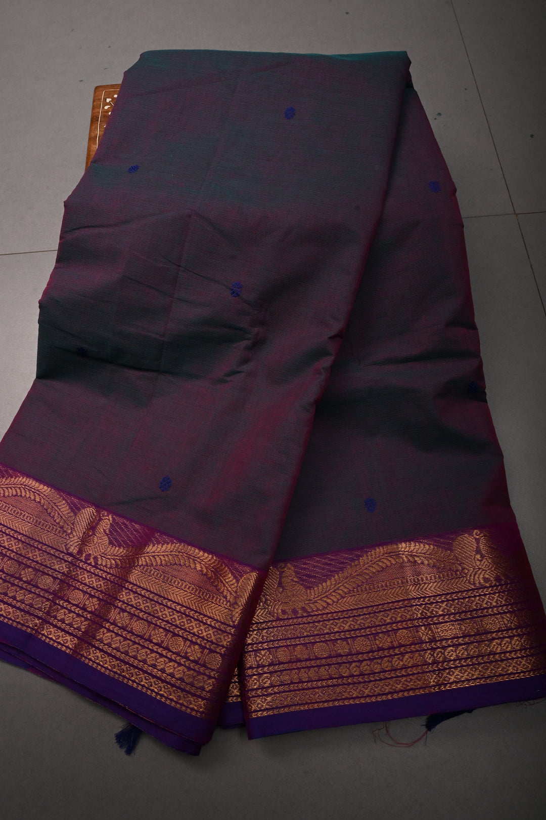 Green-Purple Dual Tone Kanchi Cotton Saree with Thread Buttas and Contrast Zari Borders | SHOBITAM