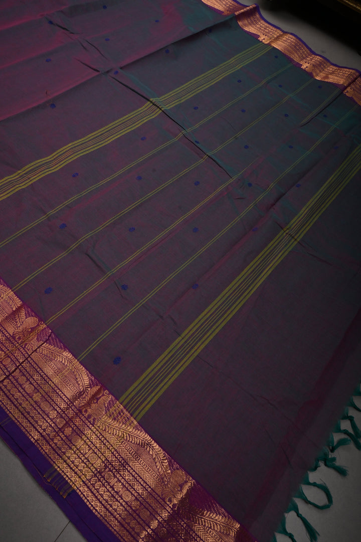 Green-Purple Dual Tone Kanchi Cotton Saree with Thread Buttas and Contrast Zari Borders | SHOBITAM