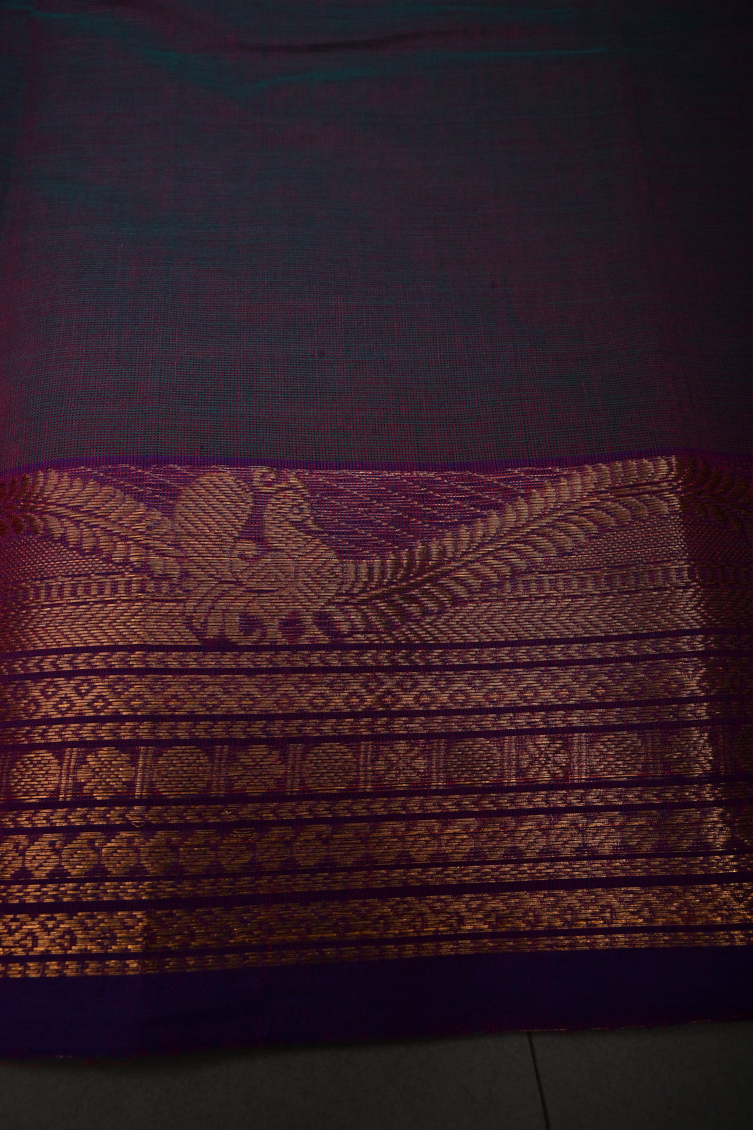 Green-Purple Dual Tone Kanchi Cotton Saree with Thread Buttas and Contrast Zari Borders | SHOBITAM
