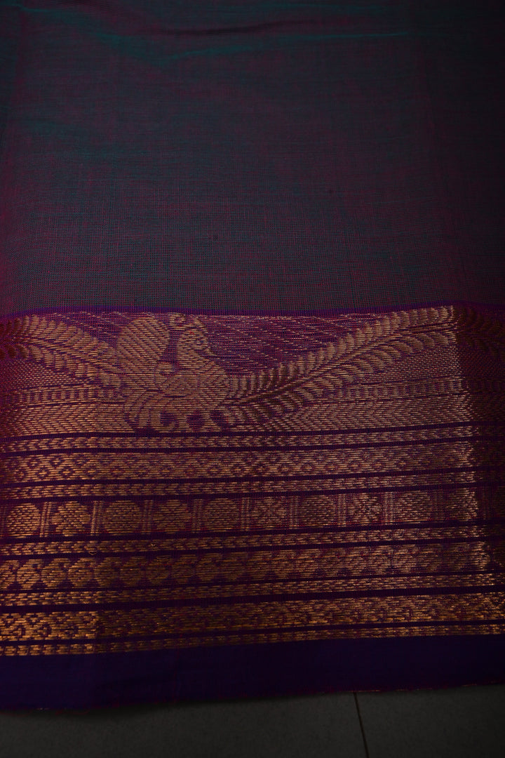 Green-Purple Dual Tone Kanchi Cotton Saree with Thread Buttas and Contrast Zari Borders | SHOBITAM