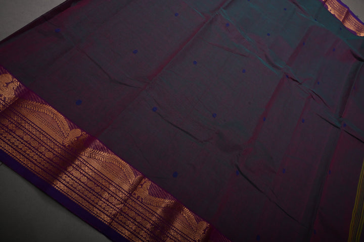 Green-Purple Dual Tone Kanchi Cotton Saree with Thread Buttas and Contrast Zari Borders | SHOBITAM