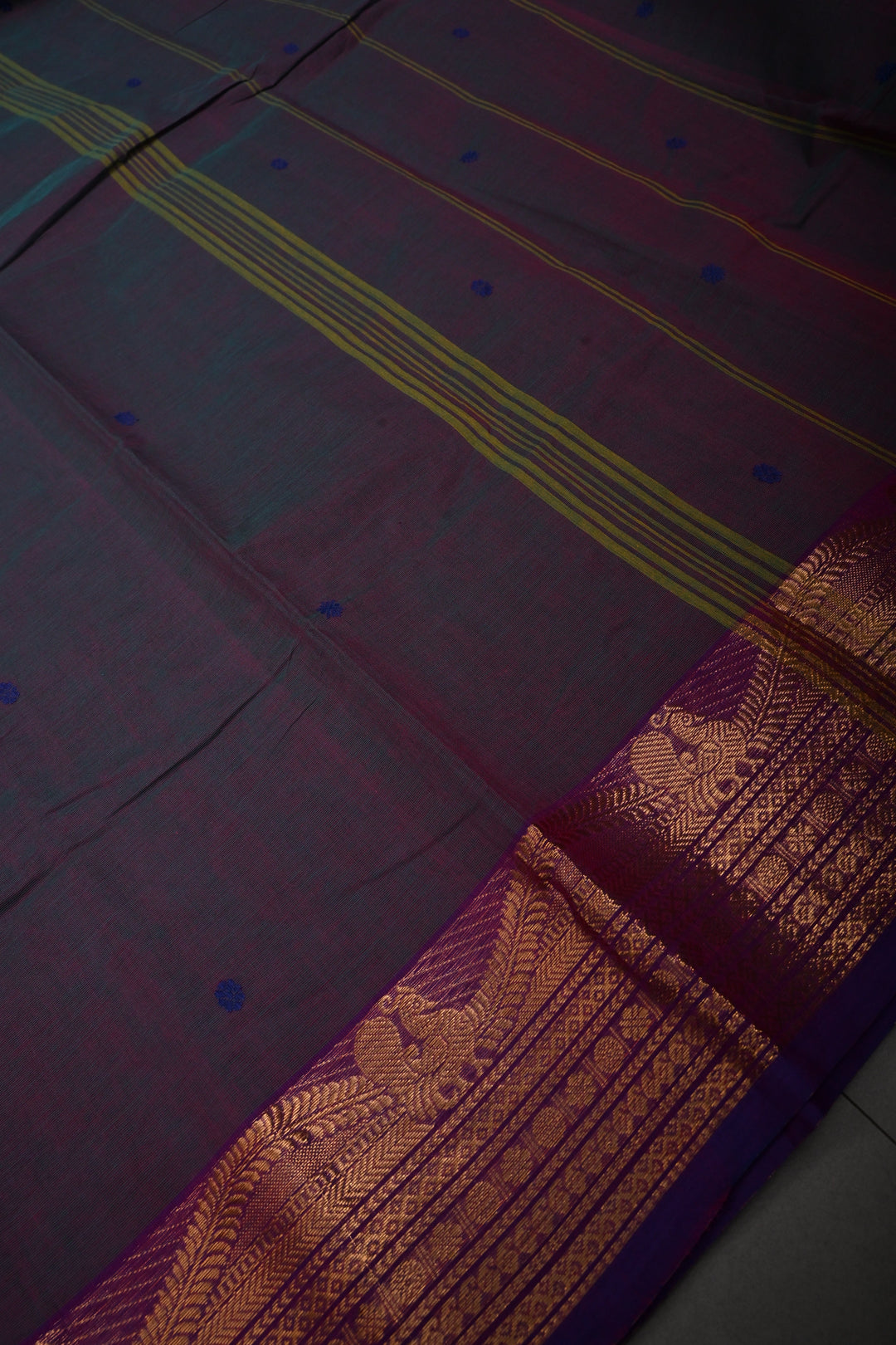 Green-Purple Dual Tone Kanchi Cotton Saree with Thread Buttas and Contrast Zari Borders | SHOBITAM