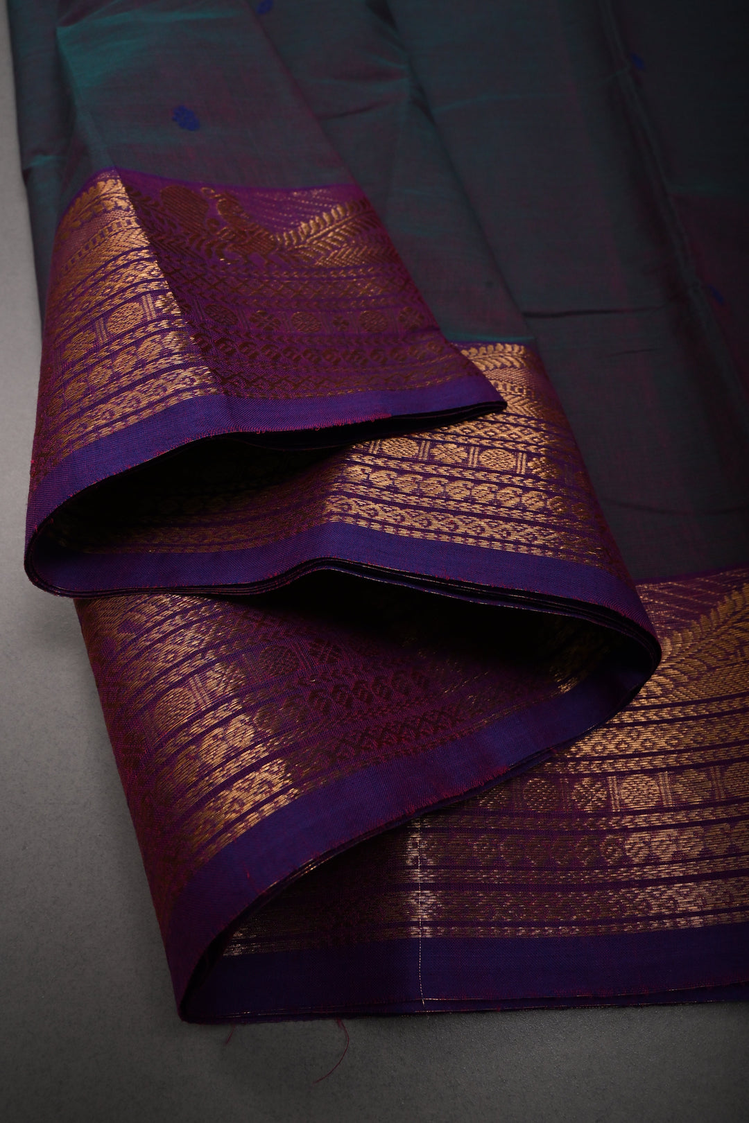 Green-Purple Dual Tone Kanchi Cotton Saree with Thread Buttas and Contrast Zari Borders | SHOBITAM