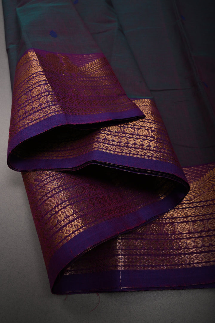 Green-Purple Dual Tone Kanchi Cotton Saree with Thread Buttas and Contrast Zari Borders | SHOBITAM