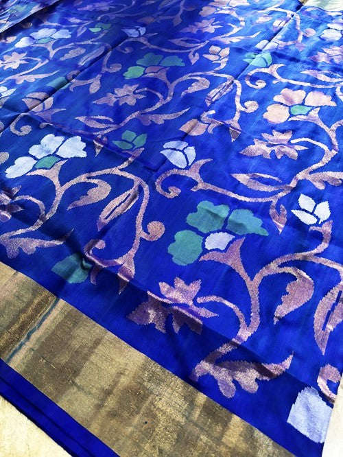Pre Order Kimaya - Royal Blue Handwoven Jamdani Silk Saree | SILK MARK CERTIFIED | SHOBITAM