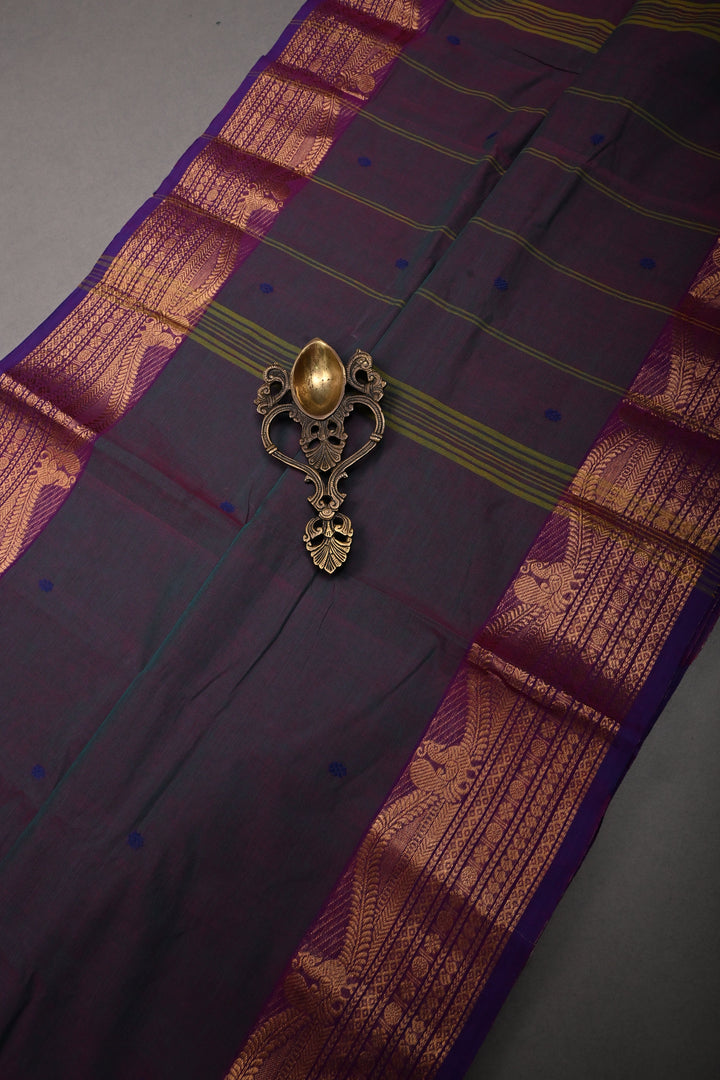 Green-Purple Dual Tone Kanchi Cotton Saree with Thread Buttas and Contrast Zari Borders | SHOBITAM