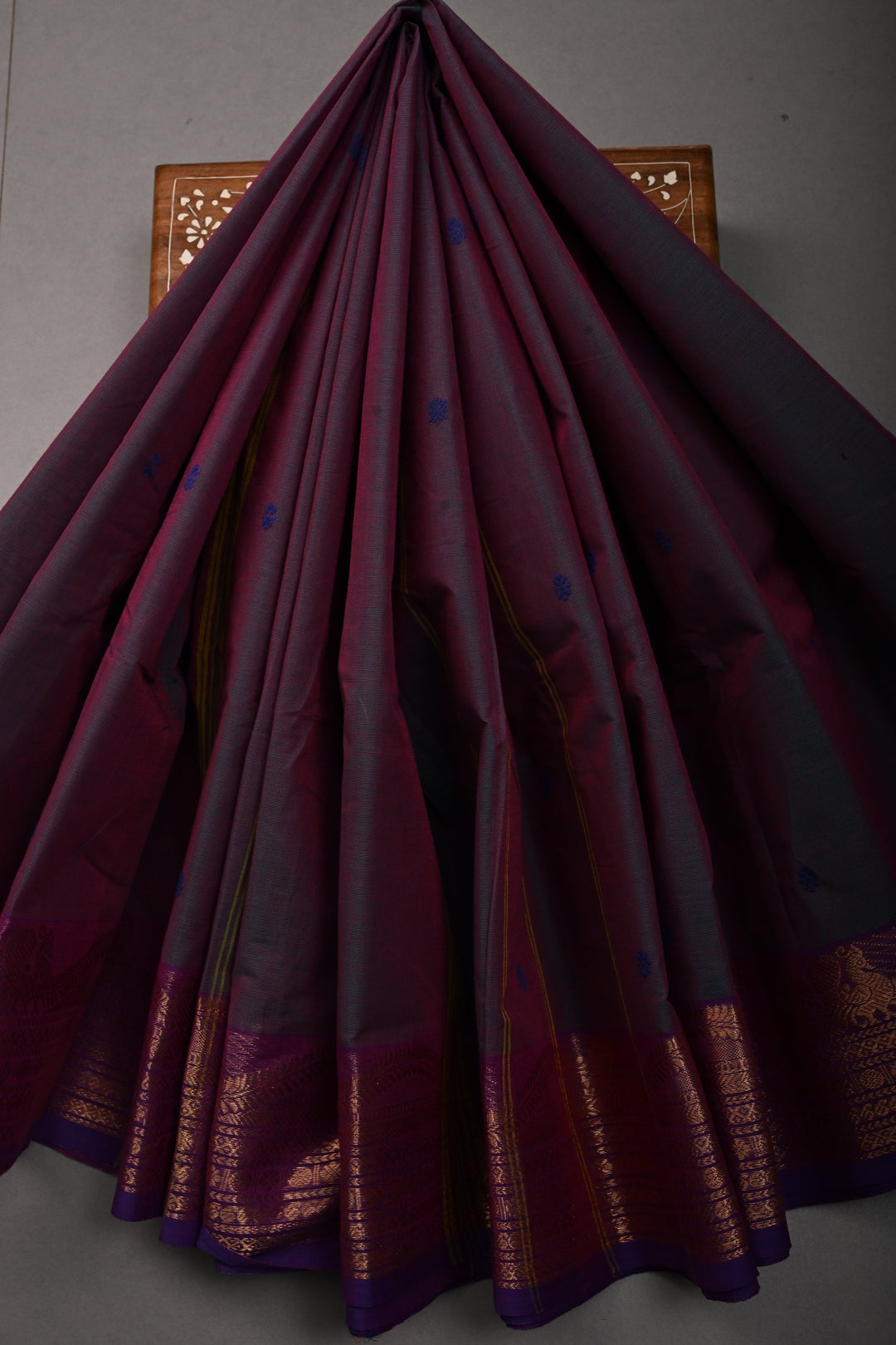 Green-Purple Dual Tone Kanchi Cotton Saree with Thread Buttas and Contrast Zari Borders | SHOBITAM