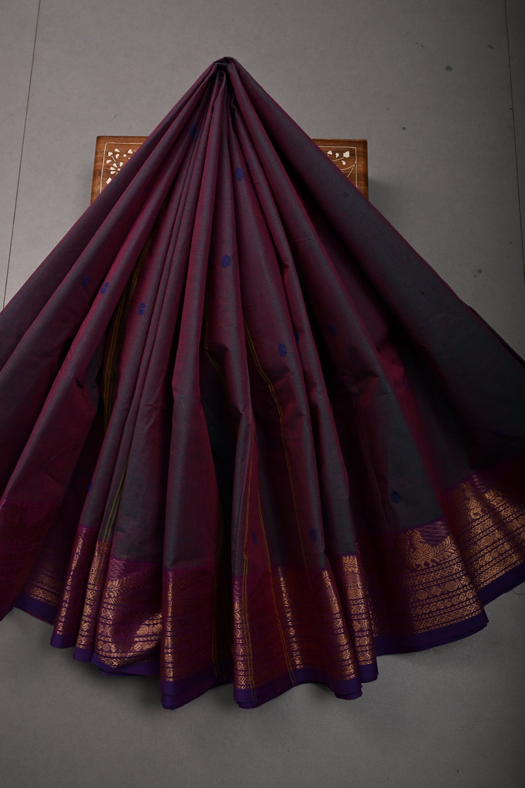 Green-Purple Dual Tone Kanchi Cotton Saree with Thread Buttas and Contrast Zari Borders | SHOBITAM