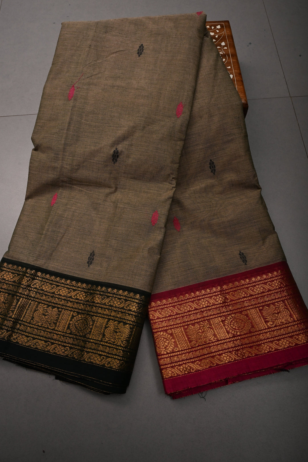 Ollive Brown Kanchi Cotton Saree with Meenakari Thread Buttas and Ganga Jamuna Zari Borders | SHOBITAM