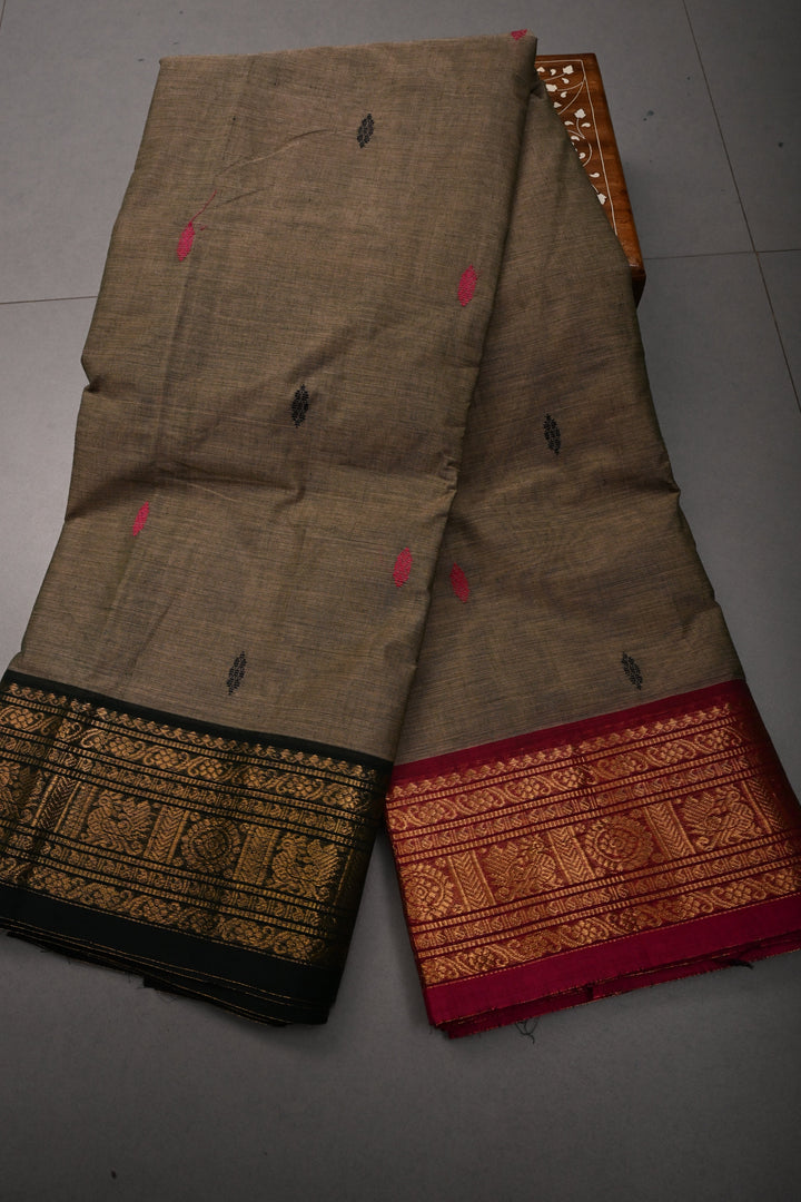 Ollive Brown Kanchi Cotton Saree with Meenakari Thread Buttas and Ganga Jamuna Zari Borders | SHOBITAM