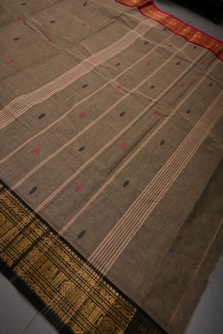 Ollive Brown Kanchi Cotton Saree with Meenakari Thread Buttas and Ganga Jamuna Zari Borders | SHOBITAM