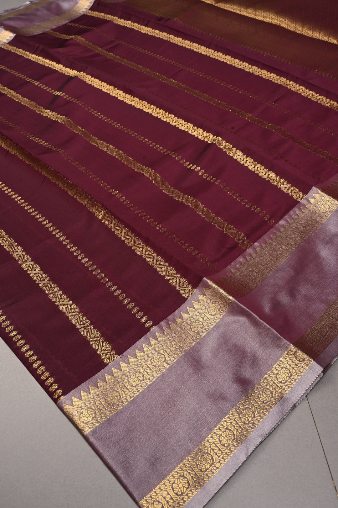 Plum Kanjivaram Soft Semi Silk Saree with Ornate Zari Stripes and Rettaipet Zari Border | SHOBITAM