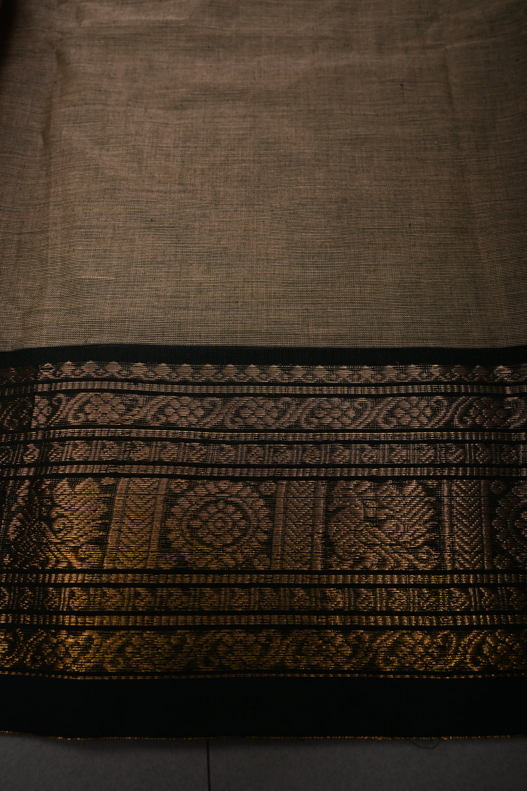 Ollive Brown Kanchi Cotton Saree with Meenakari Thread Buttas and Ganga Jamuna Zari Borders | SHOBITAM
