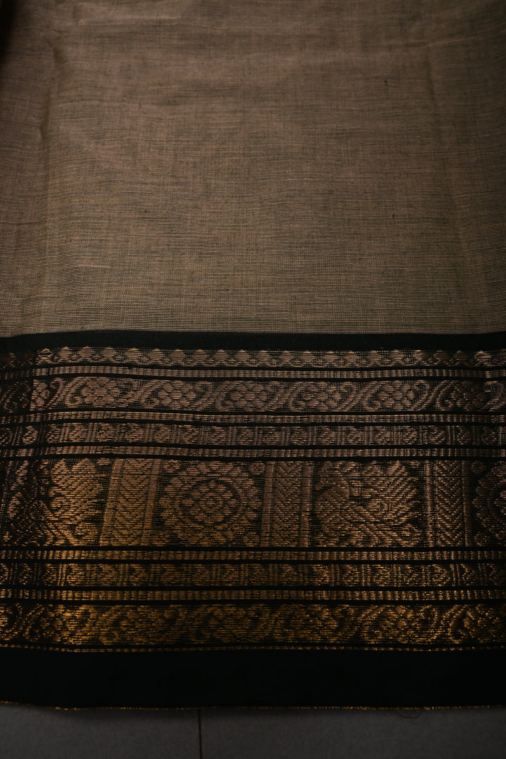 Ollive Brown Kanchi Cotton Saree with Meenakari Thread Buttas and Ganga Jamuna Zari Borders | SHOBITAM