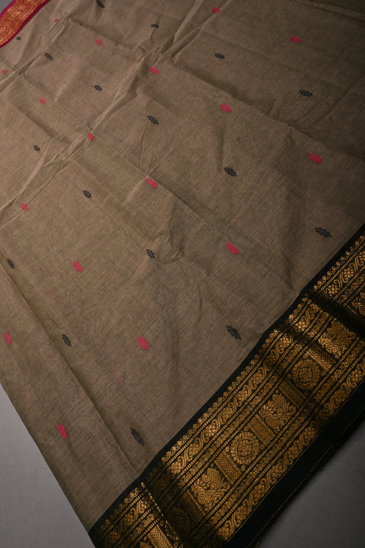 Ollive Brown Kanchi Cotton Saree with Meenakari Thread Buttas and Ganga Jamuna Zari Borders | SHOBITAM