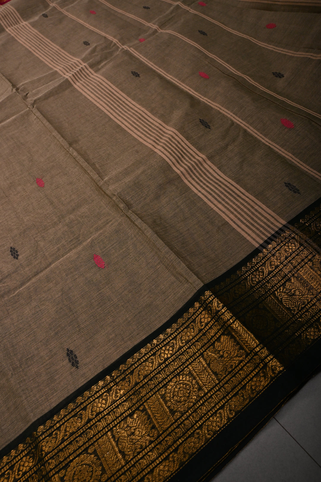 Ollive Brown Kanchi Cotton Saree with Meenakari Thread Buttas and Ganga Jamuna Zari Borders | SHOBITAM