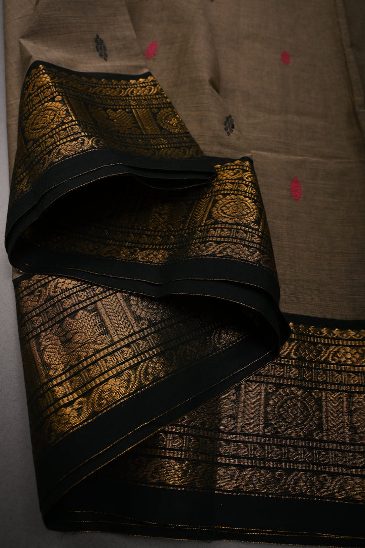 Ollive Brown Kanchi Cotton Saree with Meenakari Thread Buttas and Ganga Jamuna Zari Borders | SHOBITAM