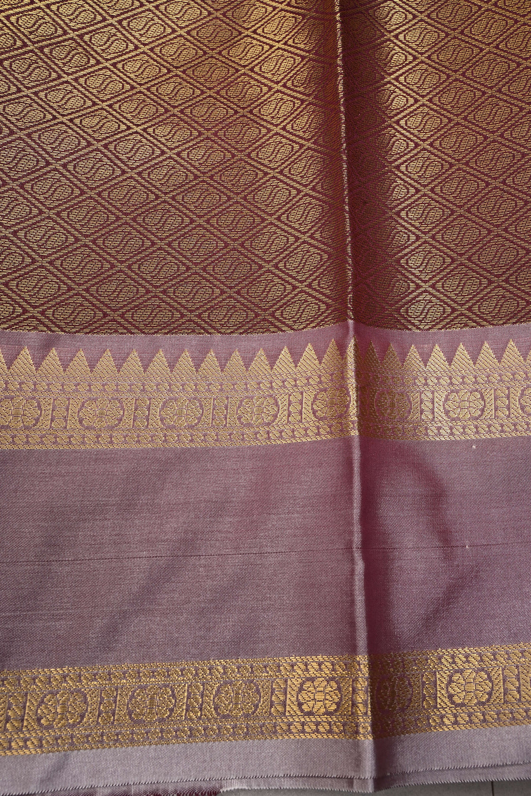 Plum Kanjivaram Soft Semi Silk Saree with Ornate Zari Stripes and Rettaipet Zari Border | SHOBITAM