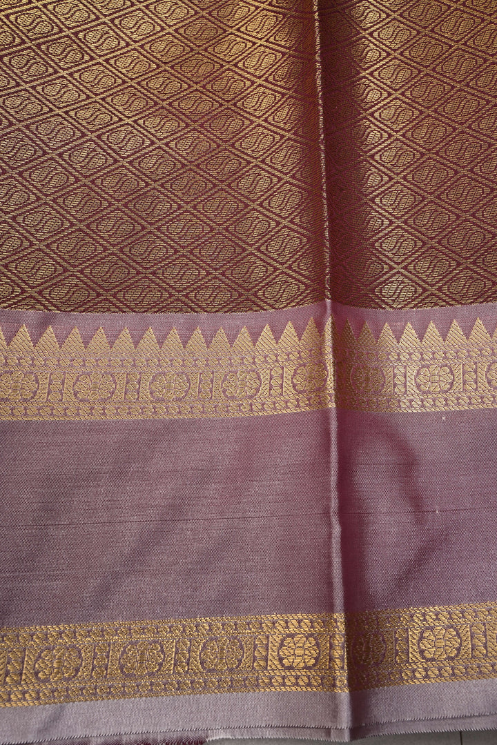 Plum Kanjivaram Soft Semi Silk Saree with Ornate Zari Stripes and Rettaipet Zari Border | SHOBITAM