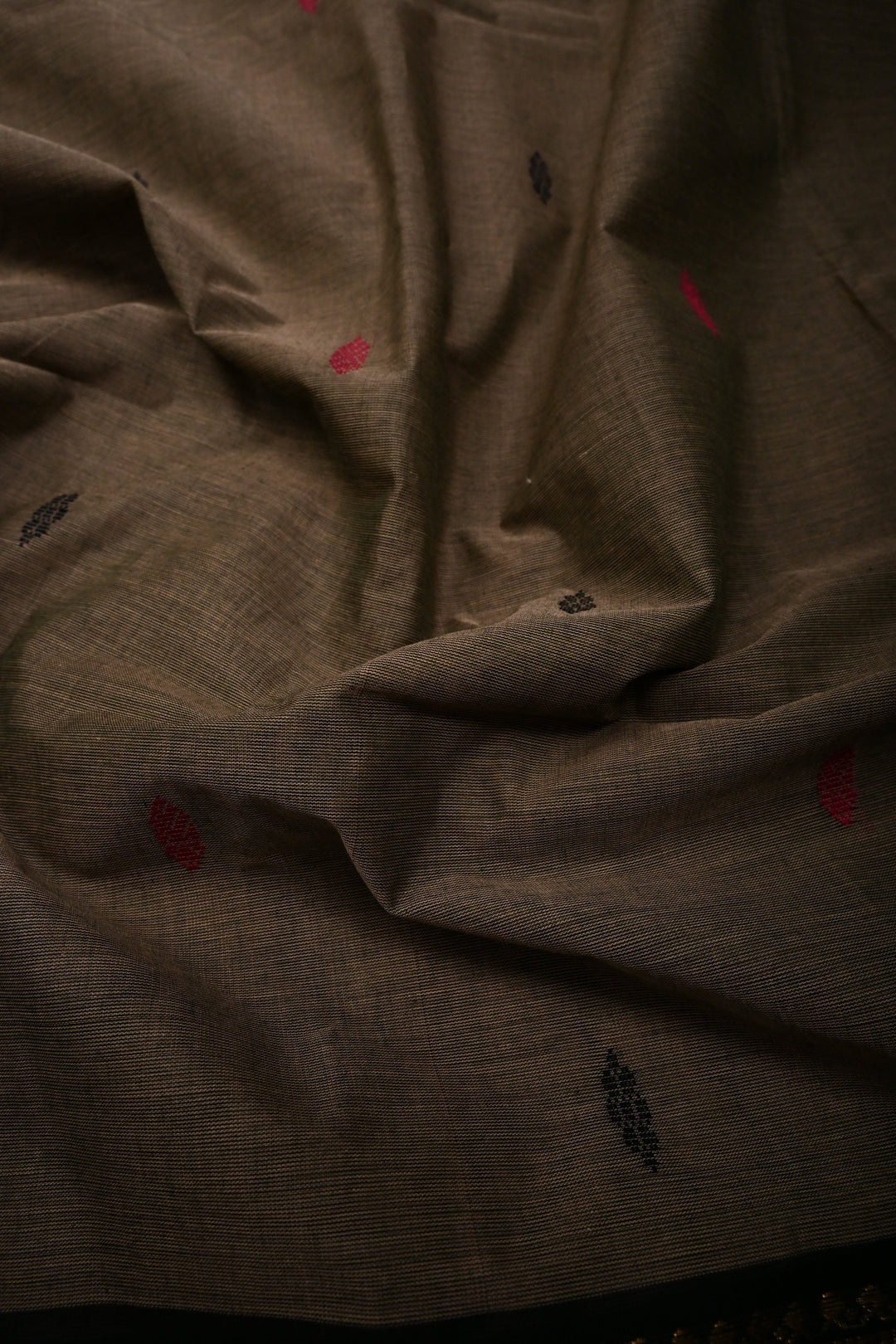 Ollive Brown Kanchi Cotton Saree with Meenakari Thread Buttas and Ganga Jamuna Zari Borders | SHOBITAM