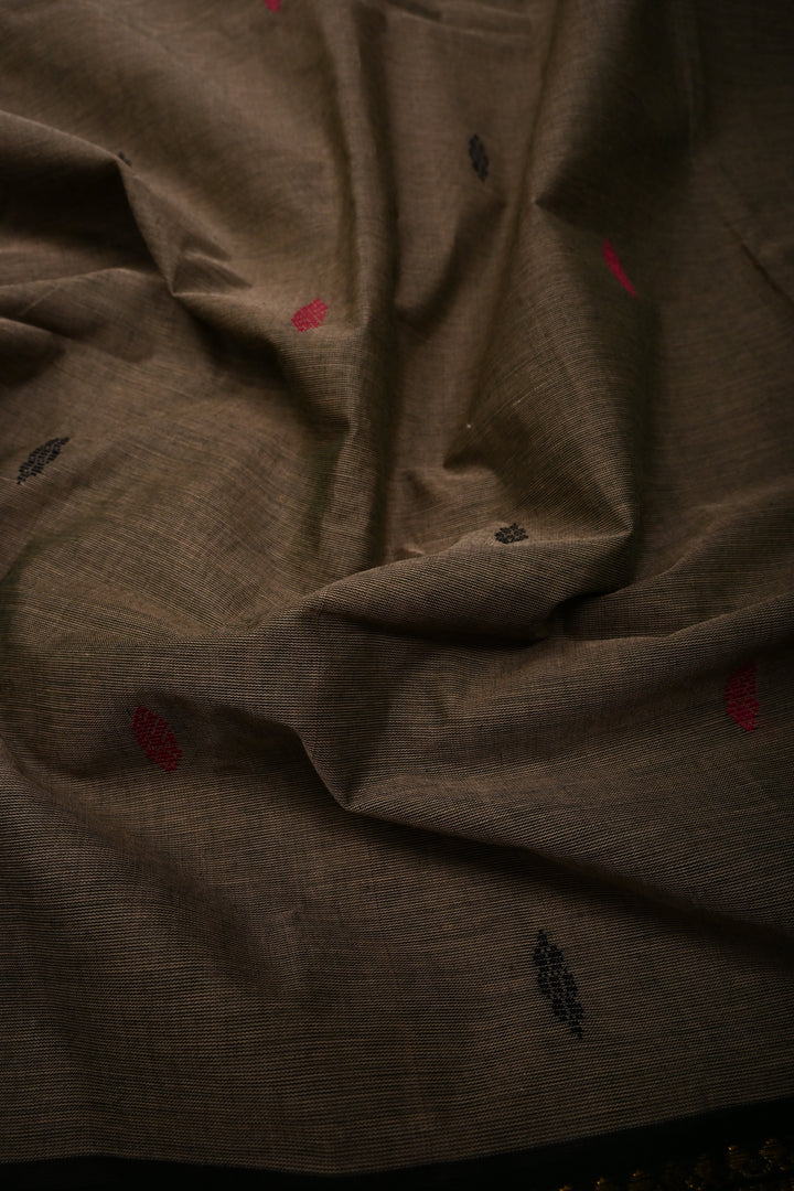 Ollive Brown Kanchi Cotton Saree with Meenakari Thread Buttas and Ganga Jamuna Zari Borders | SHOBITAM