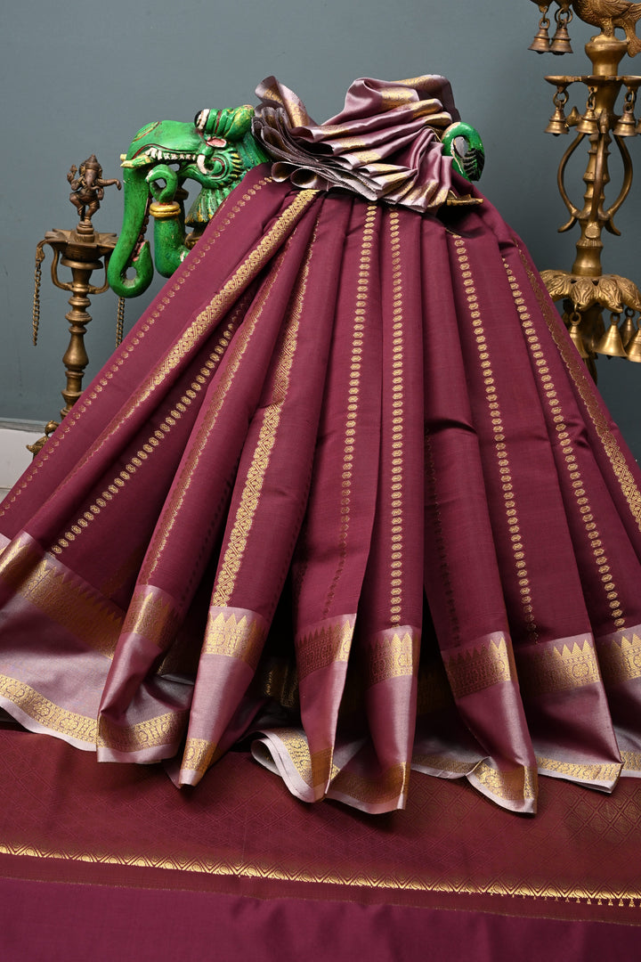 Plum Kanjivaram Soft Semi Silk Saree with Ornate Zari Stripes and Rettaipet Zari Border | SHOBITAM