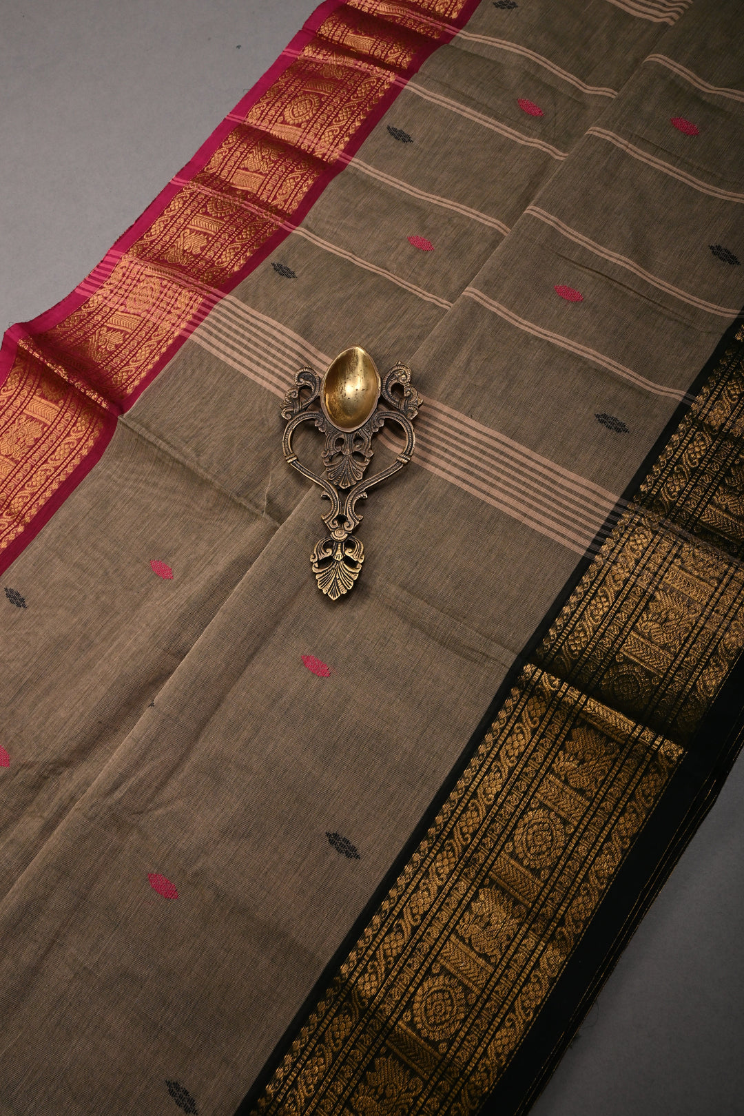 Ollive Brown Kanchi Cotton Saree with Meenakari Thread Buttas and Ganga Jamuna Zari Borders | SHOBITAM