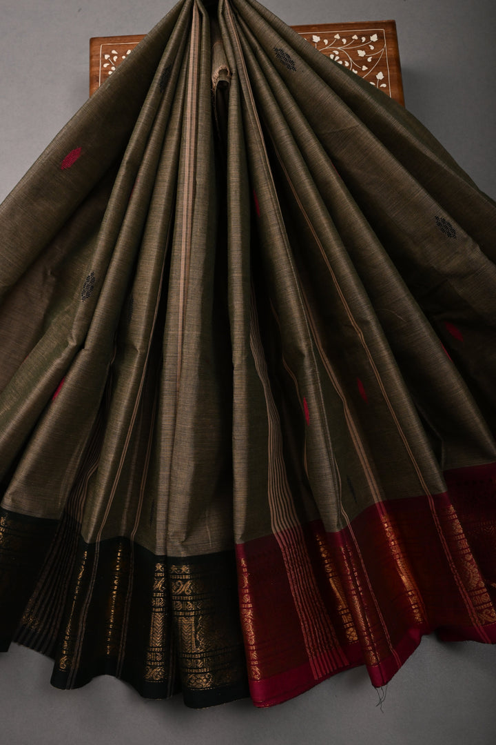 Ollive Brown Kanchi Cotton Saree with Meenakari Thread Buttas and Ganga Jamuna Zari Borders | SHOBITAM