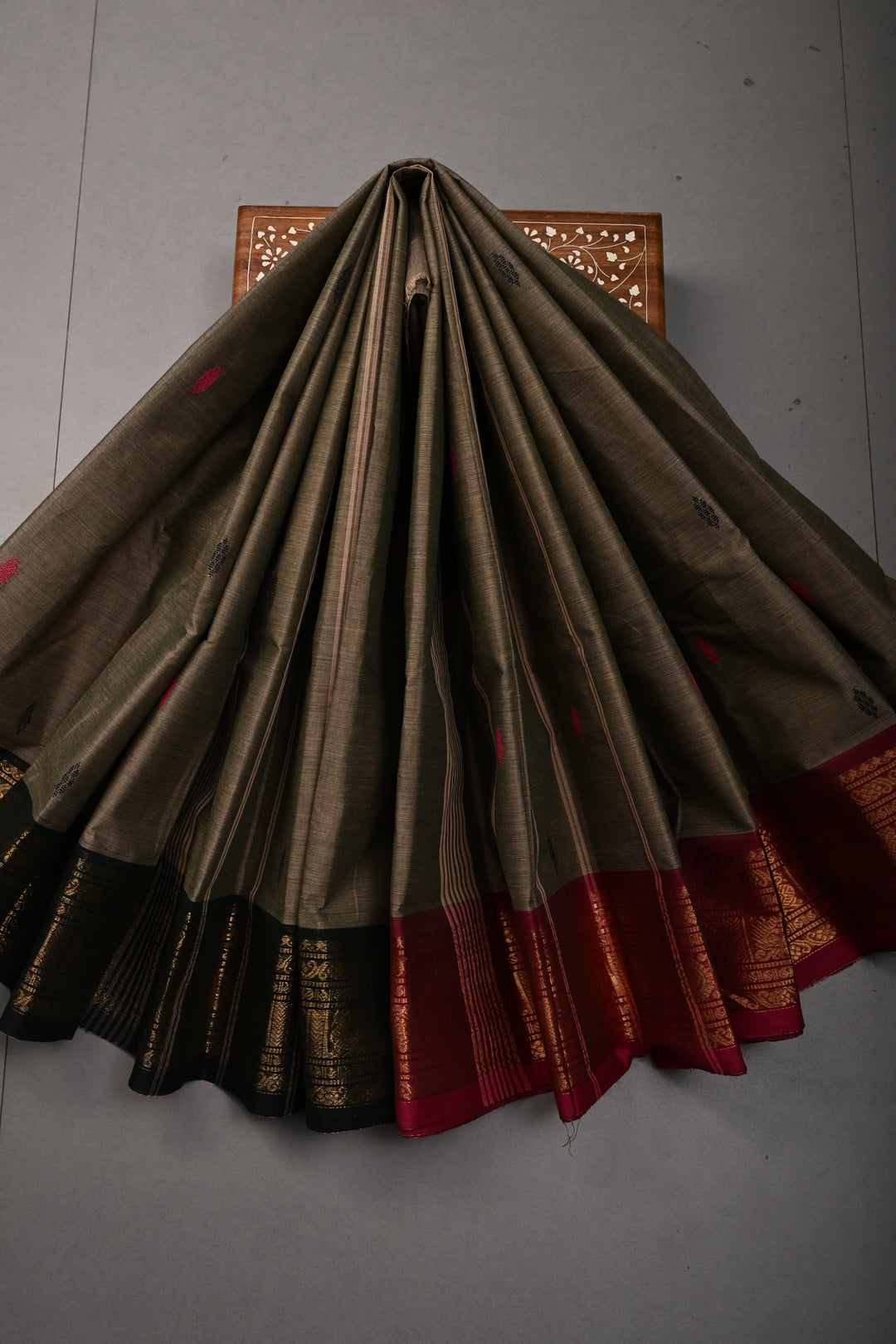 Ollive Brown Kanchi Cotton Saree with Meenakari Thread Buttas and Ganga Jamuna Zari Borders | SHOBITAM
