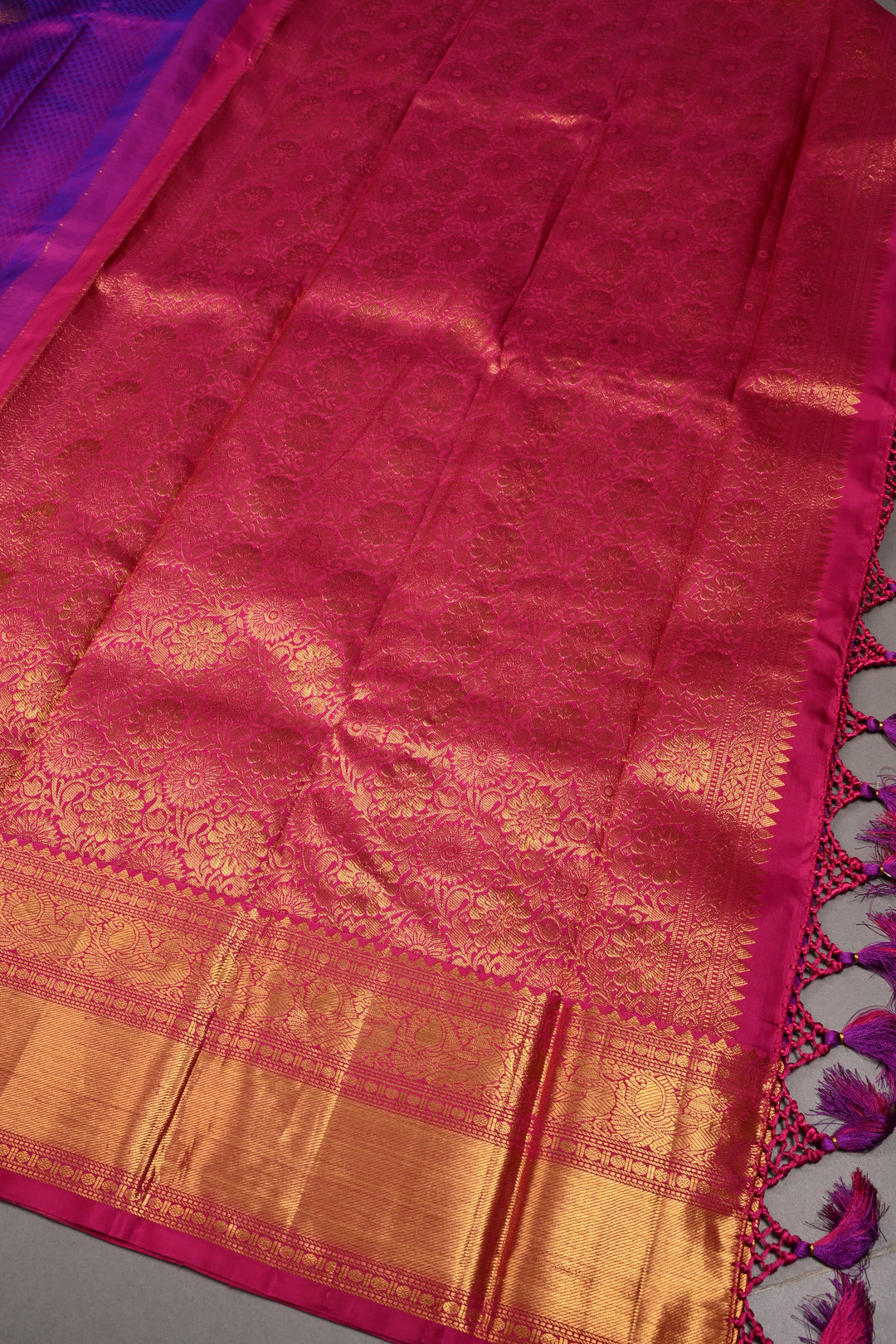 Purple Dual tone Self Brocade on Kanjivaram Pure Silk Saree with Zari Buttas and Zari Border | SILK MARK CERTIFIED | SHOBITAM