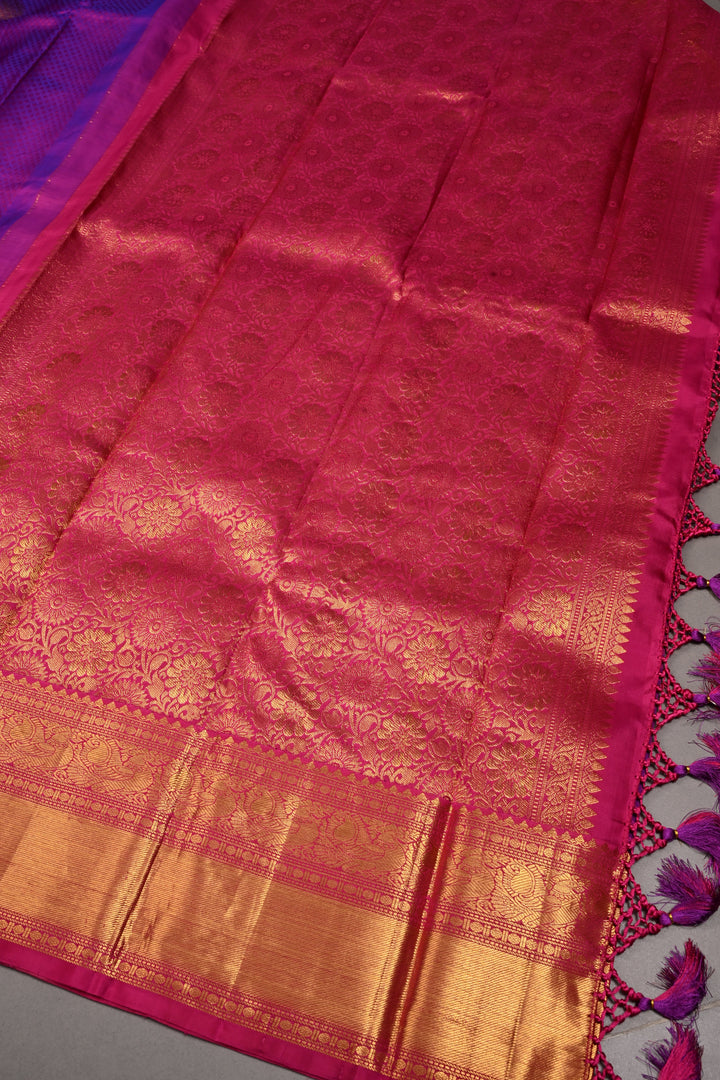 Purple Dual tone Self Brocade on Kanjivaram Pure Silk Saree with Zari Buttas and Zari Border | SILK MARK CERTIFIED | SHOBITAM