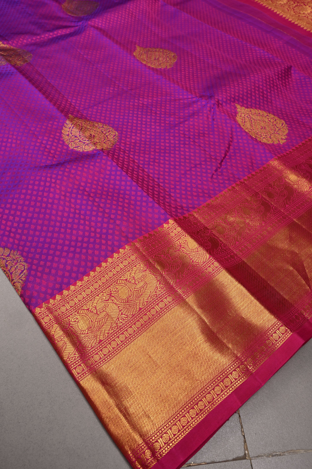 Purple Dual tone Self Brocade on Kanjivaram Pure Silk Saree with Zari Buttas and Zari Border | SILK MARK CERTIFIED | SHOBITAM