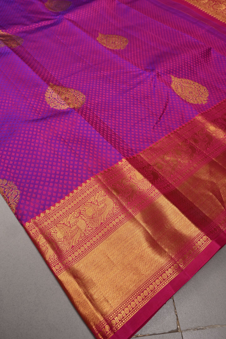 Purple Dual tone Self Brocade on Kanjivaram Pure Silk Saree with Zari Buttas and Zari Border | SILK MARK CERTIFIED | SHOBITAM