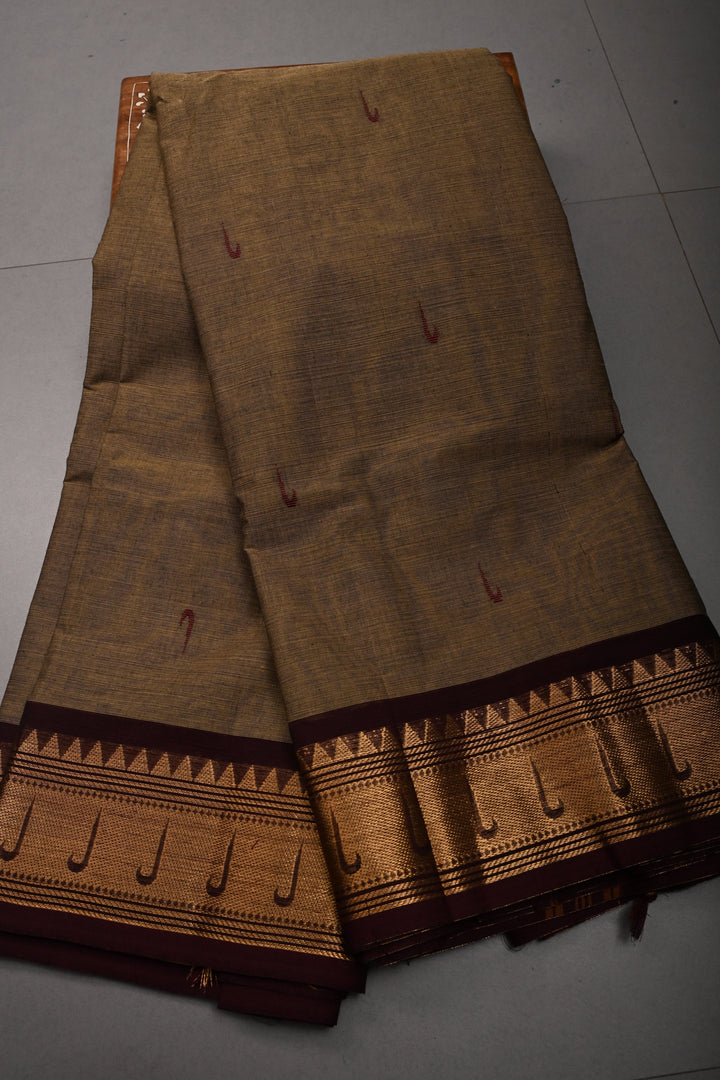 Khaki Kanchi Cotton Saree with Muniya Thread Buttas and Zari Borders | SHOBITAM