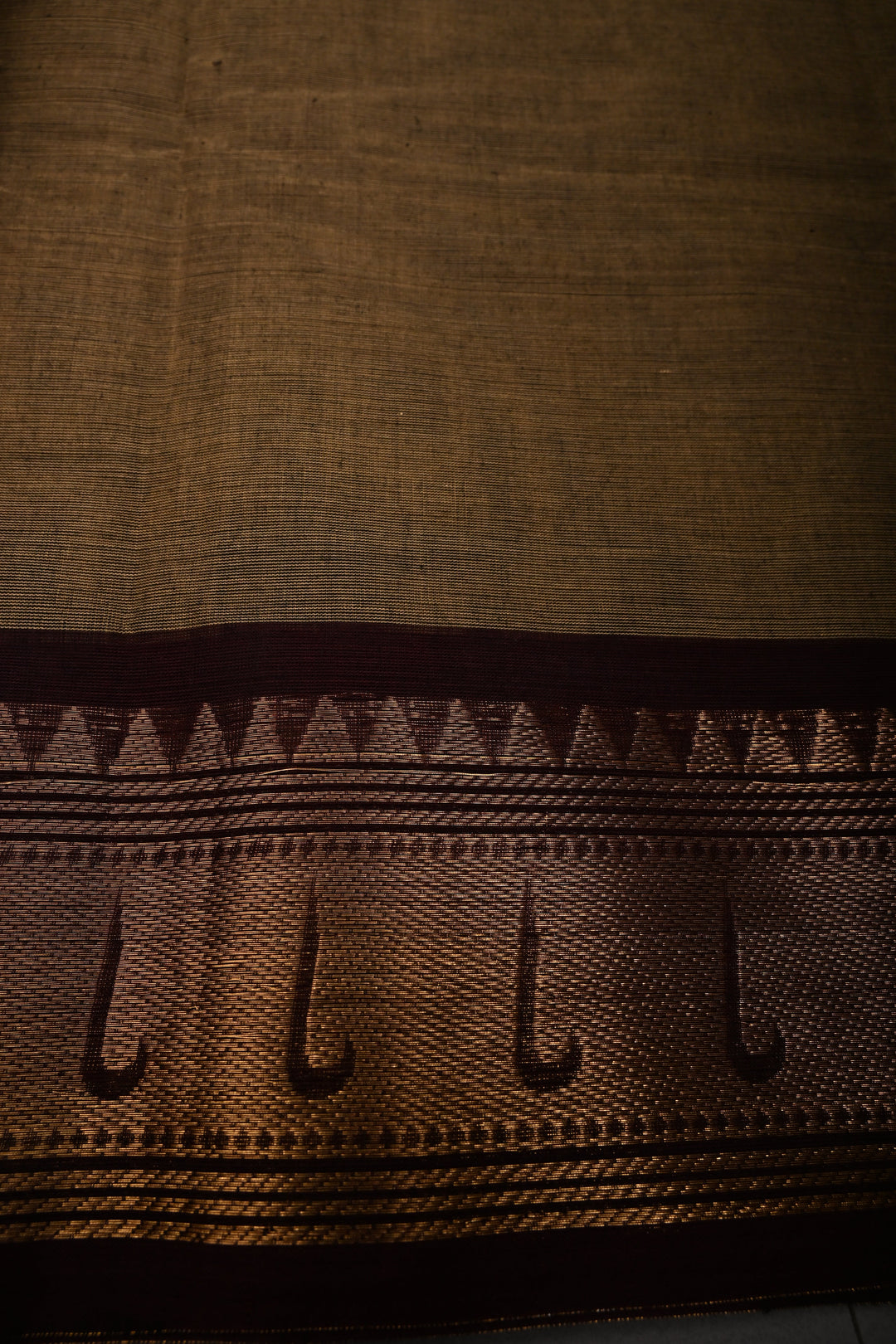 Khaki Kanchi Cotton Saree with Muniya Thread Buttas and Zari Borders | SHOBITAM