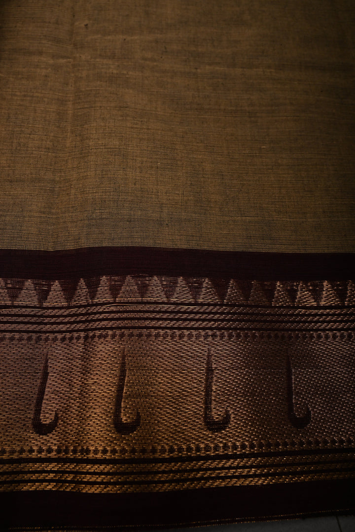 Khaki Kanchi Cotton Saree with Muniya Thread Buttas and Zari Borders | SHOBITAM