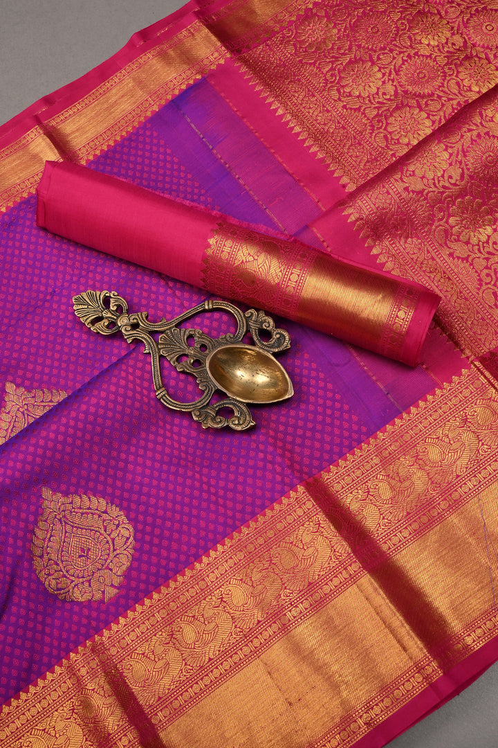 Purple Dual tone Self Brocade on Kanjivaram Pure Silk Saree with Zari Buttas and Zari Border | SILK MARK CERTIFIED | SHOBITAM