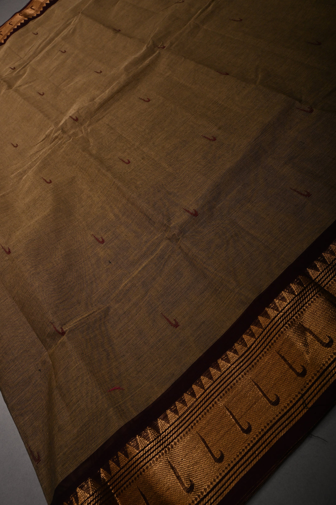 Khaki Kanchi Cotton Saree with Muniya Thread Buttas and Zari Borders | SHOBITAM