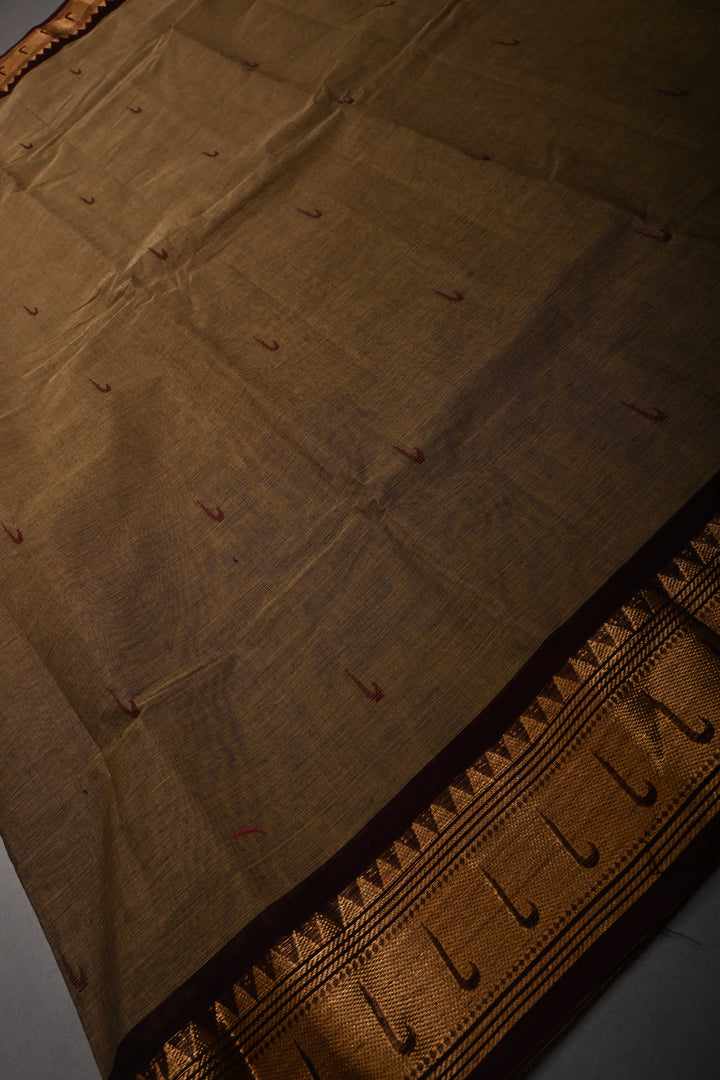 Khaki Kanchi Cotton Saree with Muniya Thread Buttas and Zari Borders | SHOBITAM
