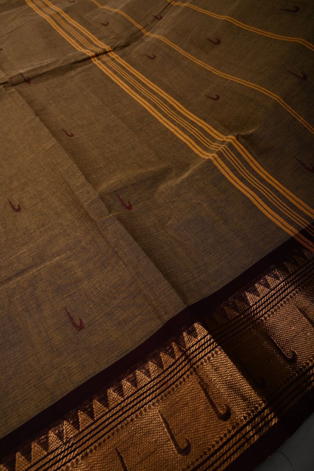 Khaki Kanchi Cotton Saree with Muniya Thread Buttas and Zari Borders | SHOBITAM