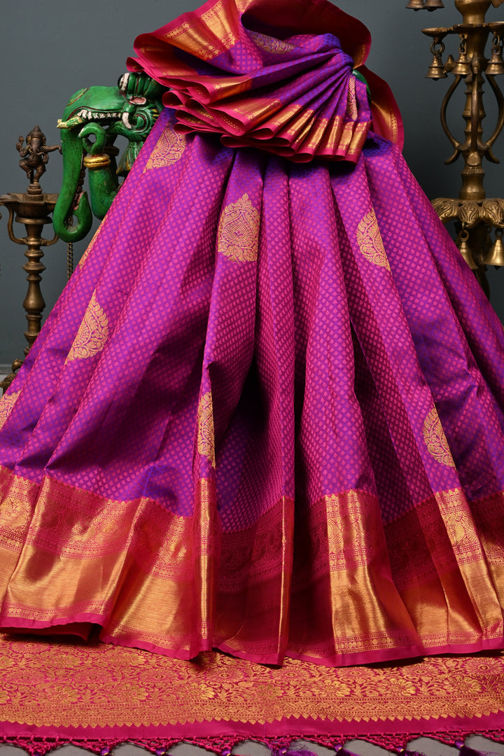 Purple Dual tone Self Brocade on Kanjivaram Pure Silk Saree with Zari Buttas and Zari Border | SILK MARK CERTIFIED | SHOBITAM