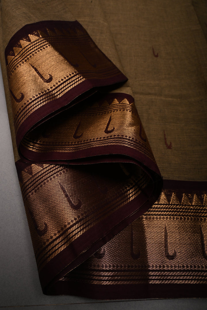 Khaki Kanchi Cotton Saree with Muniya Thread Buttas and Zari Borders | SHOBITAM